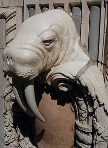 Figure 8: 1996 replica walrus head. The joints between terra cotta pieces are filled with mortar after the epoxy sets around the threaded rod anchors. Credit: Wiss, Janney, Elstner Associates, Inc.